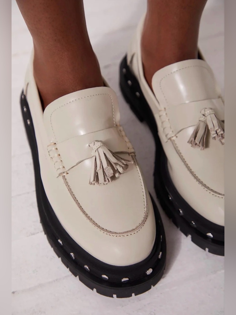 Free People Teagan Tassel Loafer in Antique Ivory with studs and Lug sole. NWOT